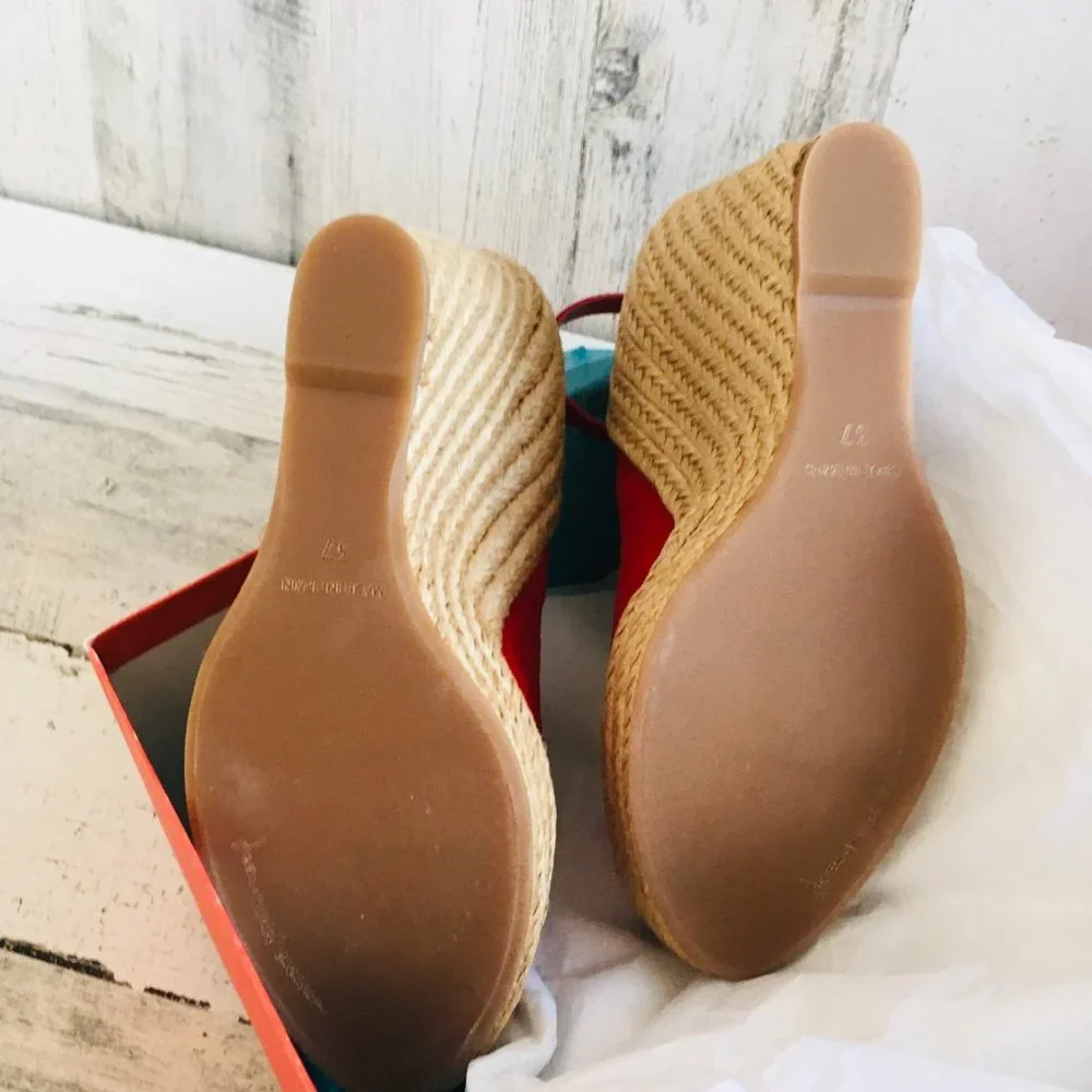 NIB Jean Michael Cazabat Zulaka Red Wedge Espadrille Ankle Strap Suede - Picture 8 of 10